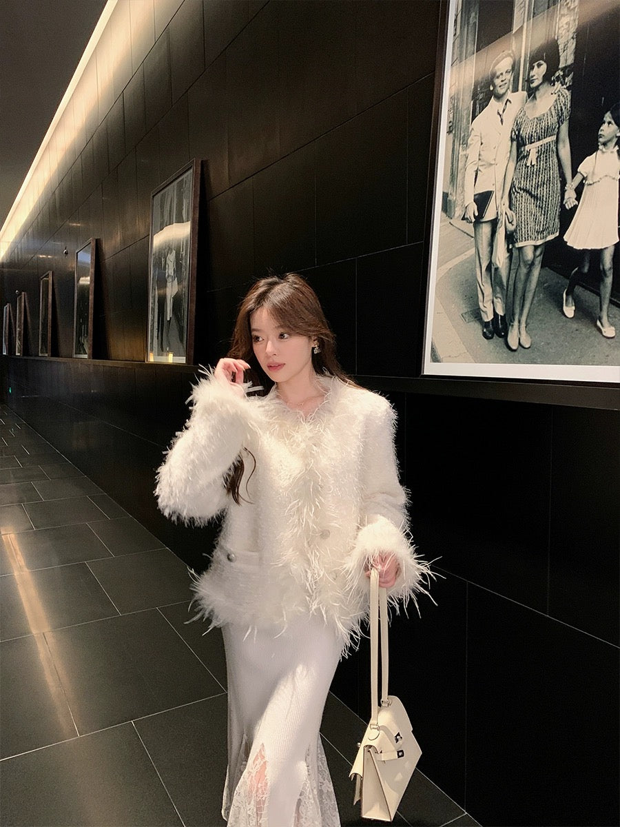 ByYou2024 Spring V-neck long-sleeved spliced lace white rabbit velvet knitted dress long inner sweater skirt