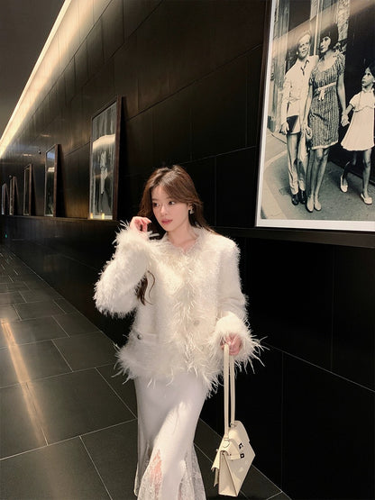 ByYou2024 Spring V-neck long-sleeved spliced lace white rabbit velvet knitted dress long inner sweater skirt