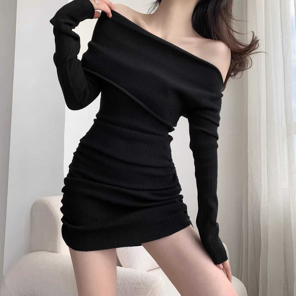 Mimo dk rose red one-shoulder knitted slim dress women's long-sleeved sexy hottie tight hip skirt autumn (B1719)