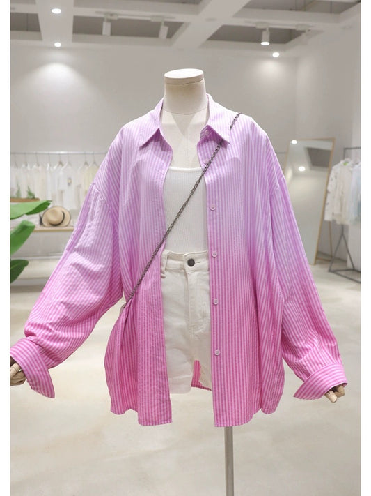 Soft and glutinous texture gradient color 2024 summer loose slim medium and long hip striped long-sleeved shirt for women