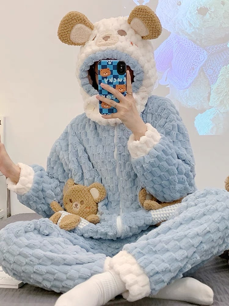 Coral velvet pajamas winter female cartoon bear Internet celebrity style autumn and winter style plus velvet thickened flannel with hood can be worn outside