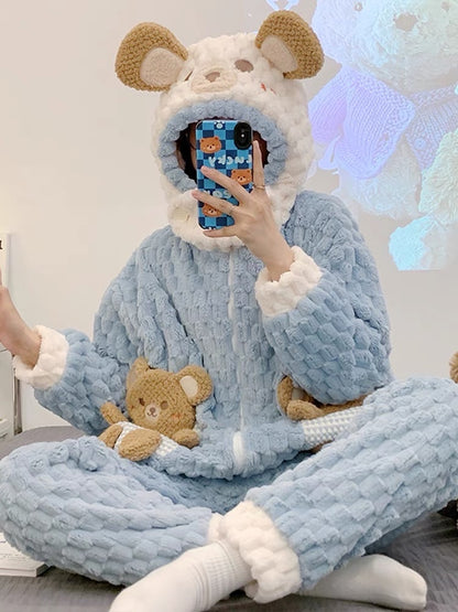 Coral velvet pajamas winter female cartoon bear Internet celebrity style autumn and winter style plus velvet thickened flannel with hood can be worn outside