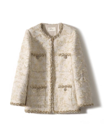 [WTF663526AG] Xiaohan Yunwu Silver Onion Heavy Industry Beige Gold Thread Ribbon Decorated Elegant Xiaoxiang Jacket