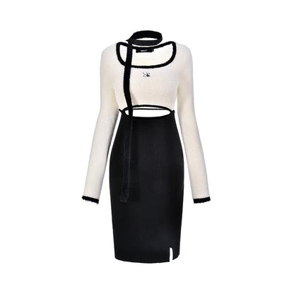 AGAM original design detachable black and white contrasting hollow knitted dress