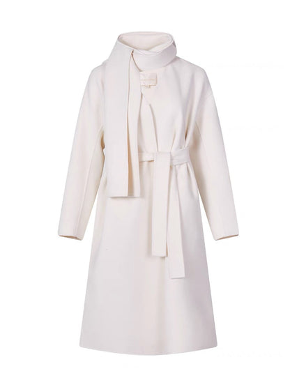 Shanxi said off-white 100% wool double-sided woolen collarless scarf style long-sleeved coat for women slim long coat (B1330)