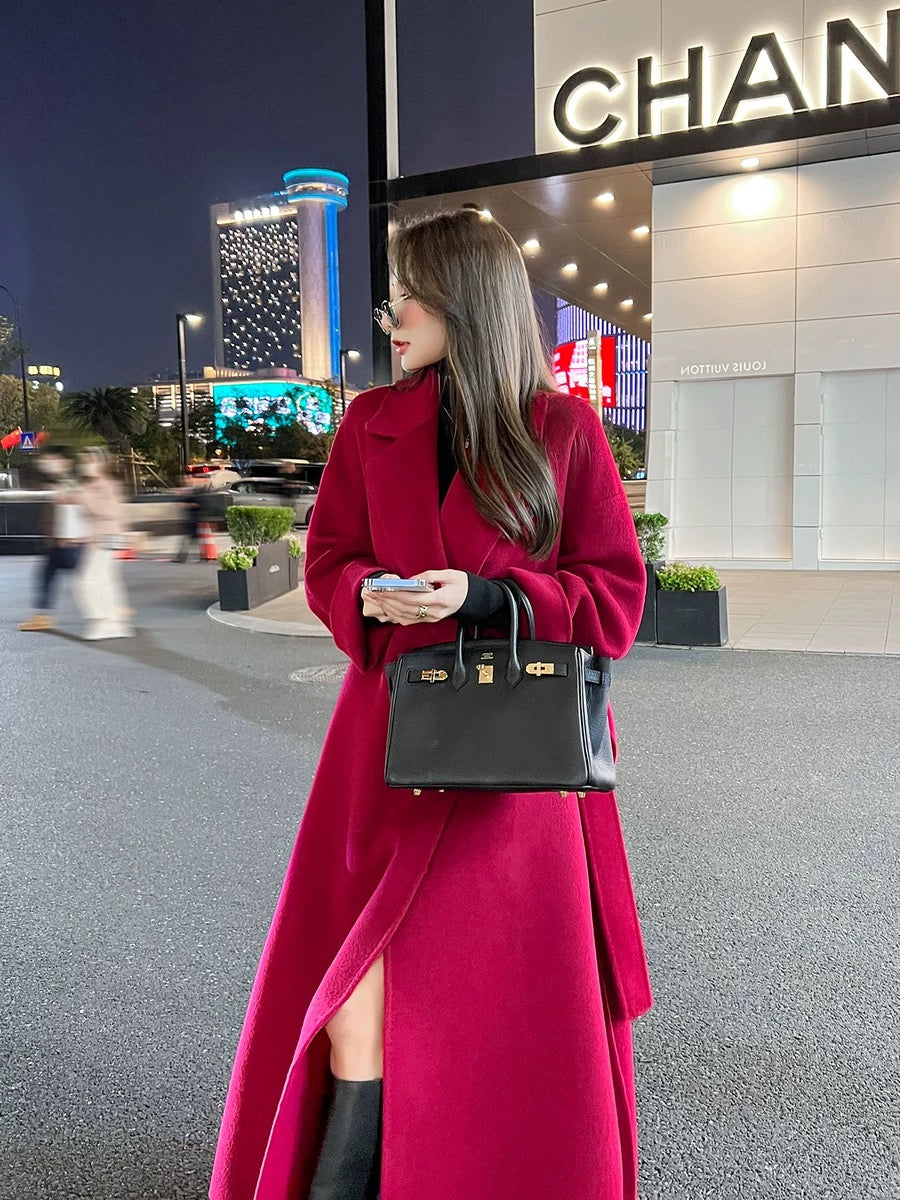 Red double-sided cashmere coat for women mid-length 2023 autumn and winter new style over-the-knee loose temperament wool coat