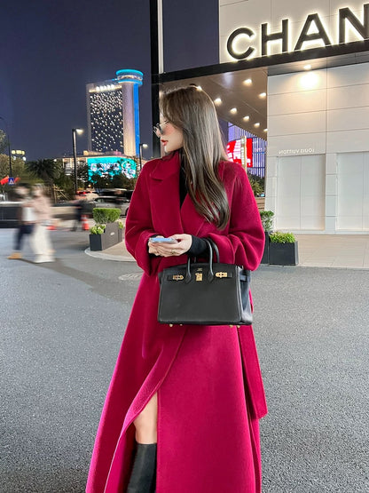 Red double-sided cashmere coat for women mid-length 2023 autumn and winter new style over-the-knee loose temperament wool coat