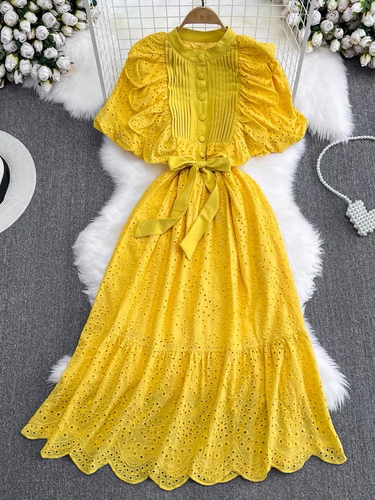 Fashion Puff Sleeve Stand Collar Waist Slimming Bowknot Tie Waist Slimming Hollow A-Line Ruffle Dress