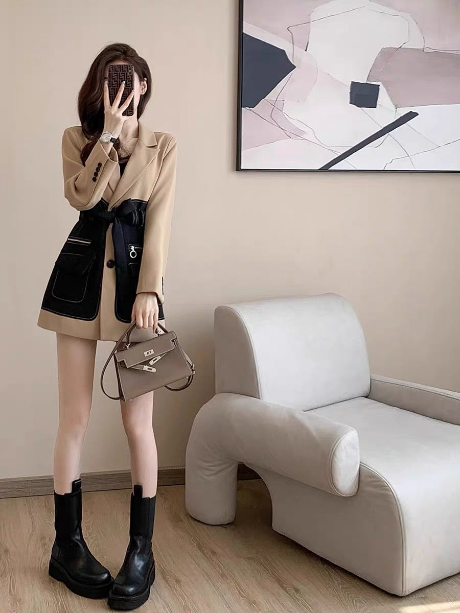 Spring 2023 new style French waist slimming high-end Hepburn style small temperament black suit dress (V7718)