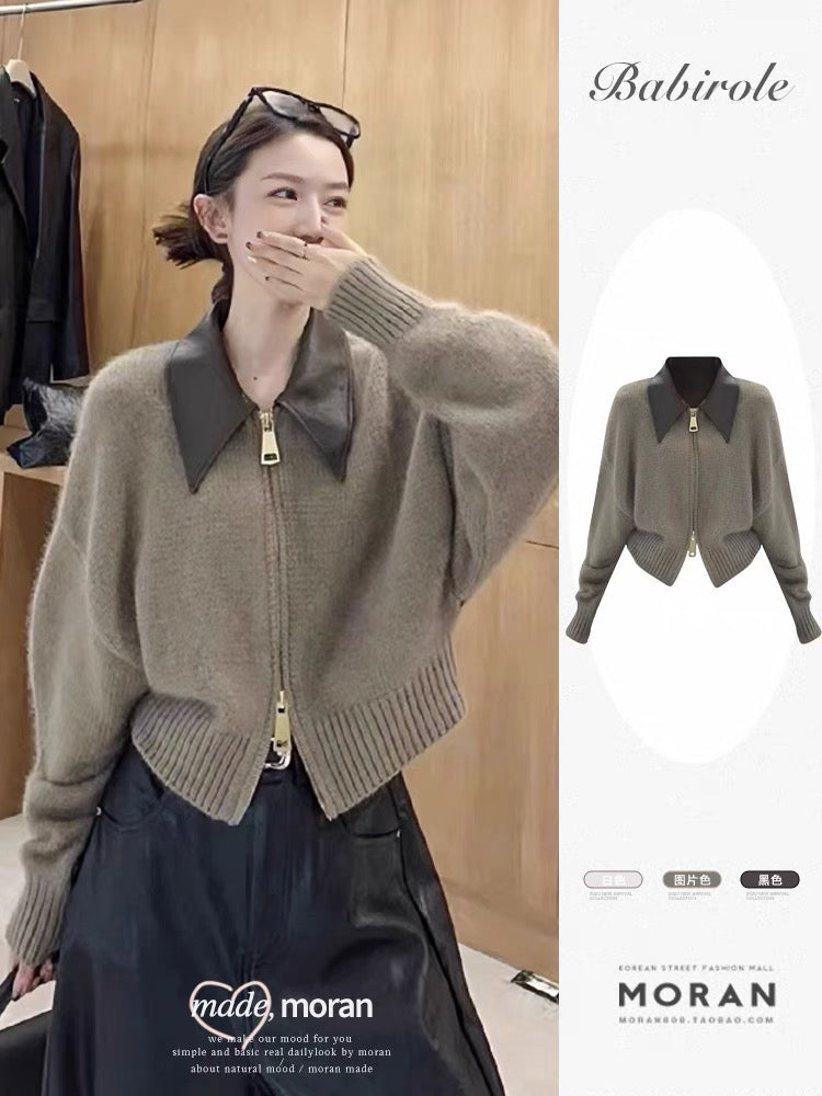 European high-end POLO lapel knitted cardigan double-ended zipper salt style lazy style raccoon velvet sweater jacket for women