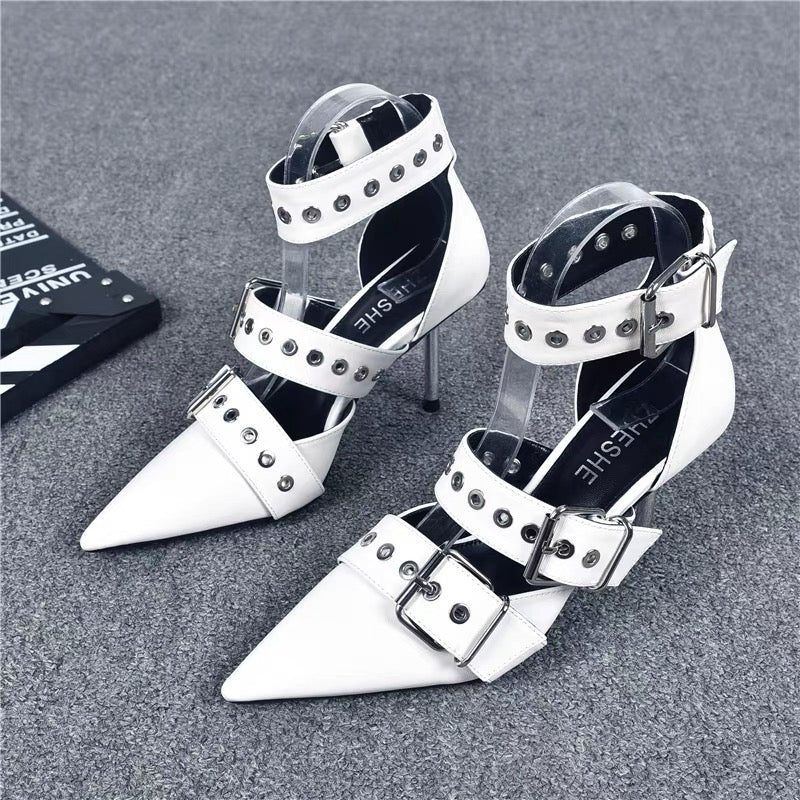 Street cool and handsome punk style high-heeled sandals, feminine metal buckle stiletto pointed toe hot girl toe white high heels