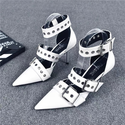 Street cool and handsome punk style high-heeled sandals, feminine metal buckle stiletto pointed toe hot girl toe white high heels