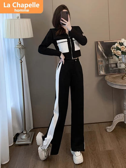 La Chapelle Xiaoxiangfeng casual sports suit for women autumn 2023 new temperament cardigan wide-leg pants two-piece set