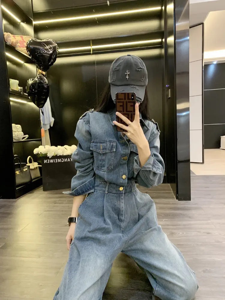 Workwear denim jumpsuit women's spring and autumn new style high-end wide-leg pants niche design one-piece jumpsuit (S0959)