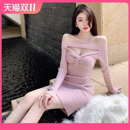 Pink gentle lady style temperament slim autumn and winter knitted dress Yujie hollow sexy one-shoulder skirt A2277
