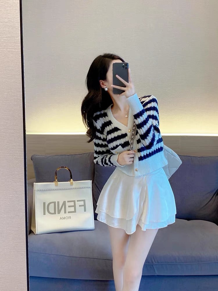 2023 new early autumn tops, ladylike striped small fragrant style knitted v-neck cardigan sweater short coat for women (S4446)