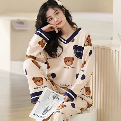 Pajamas for women Spring and Autumn 2024 new long-sleeved cotton large size summer cute autumn and winter home clothes suit