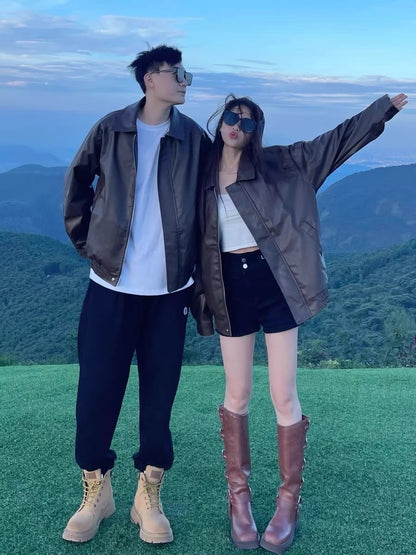 Couple outfit American retro brown leather jacket men's spring and autumn 2023 new Hong Kong style high-quality PU leather jacket