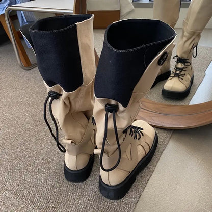 Taikula~ Retro khaki thick-soled tooling western cowboy boots outdoor mountaineering lace-up boots female knight boots