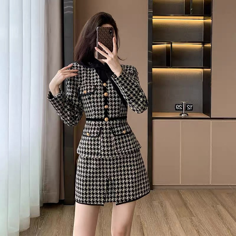 2023 new autumn and winter women's French style high-end fake two-piece houndstooth dress women's waist skirt