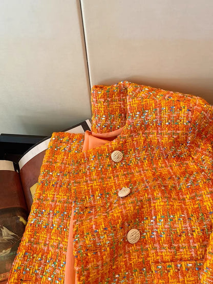 Orange double-breasted short style jacket for women in autumn and winter 2023 new style exquisite ladylike temperament and high-end sense top