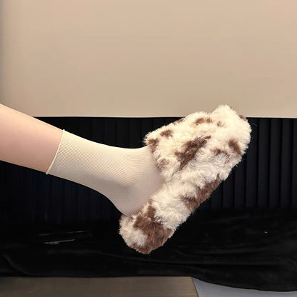Fairy style cow color furry shoes for women's outer wear 2023 autumn and winter new fashion versatile home warm one-word cotton shoes (S0714)