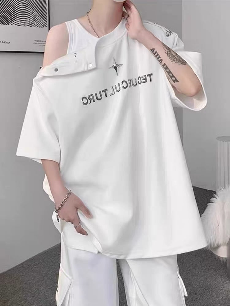American hiphop heavy cotton deconstructed metal buckle short-sleeved t-shirt men and women summer design sense small crowd ruffian handsome top