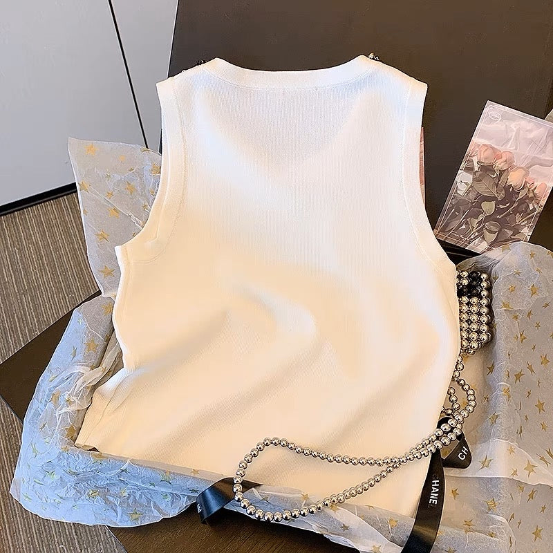 Light luxury sequined diamond-studded vest women's summer careful machine strap digging shoulder top stitching lace lace sleeveless T-shirt