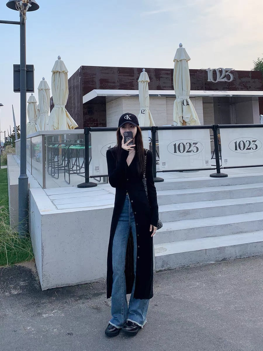 MULVAN Black V-neck Mid-Length Knitted Cardigan Women's 2023 Autumn Slim Fit Lapel Over-the-Knee Jacket (S0550)