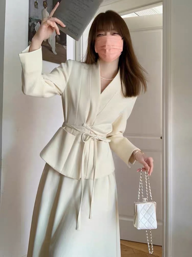 2023 Spring and Autumn New Retro Style Goddess Style Lace-up Blazer with Swing Skirt Two-piece Suit for Women