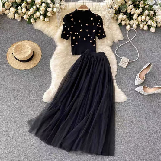 Autumn suit for women, knitted short-sleeved top, heavily beaded, slim fit, versatile mesh skirt, stylish two-piece set (S0993)