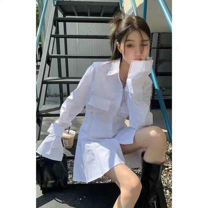 Polo collar shirt dress women's autumn 2023 new design sense niche waist slimming white long-sleeved skirt