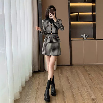 2023 new autumn and winter women's French style high-end fake two-piece houndstooth dress women's waist skirt