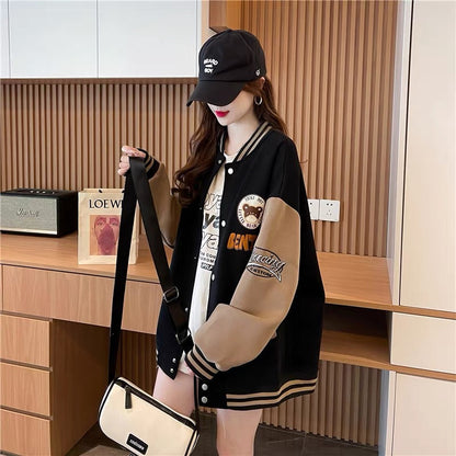 Western style age-reducing design baseball uniform cardigan jacket for women 2023 autumn new loose and versatile Korean style jacket (J0241)