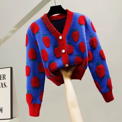 Heavy industry red diamond-encrusted cute strawberry jacquard craft color-blocked thickened short sweater with temperament and age-reducing slimming top