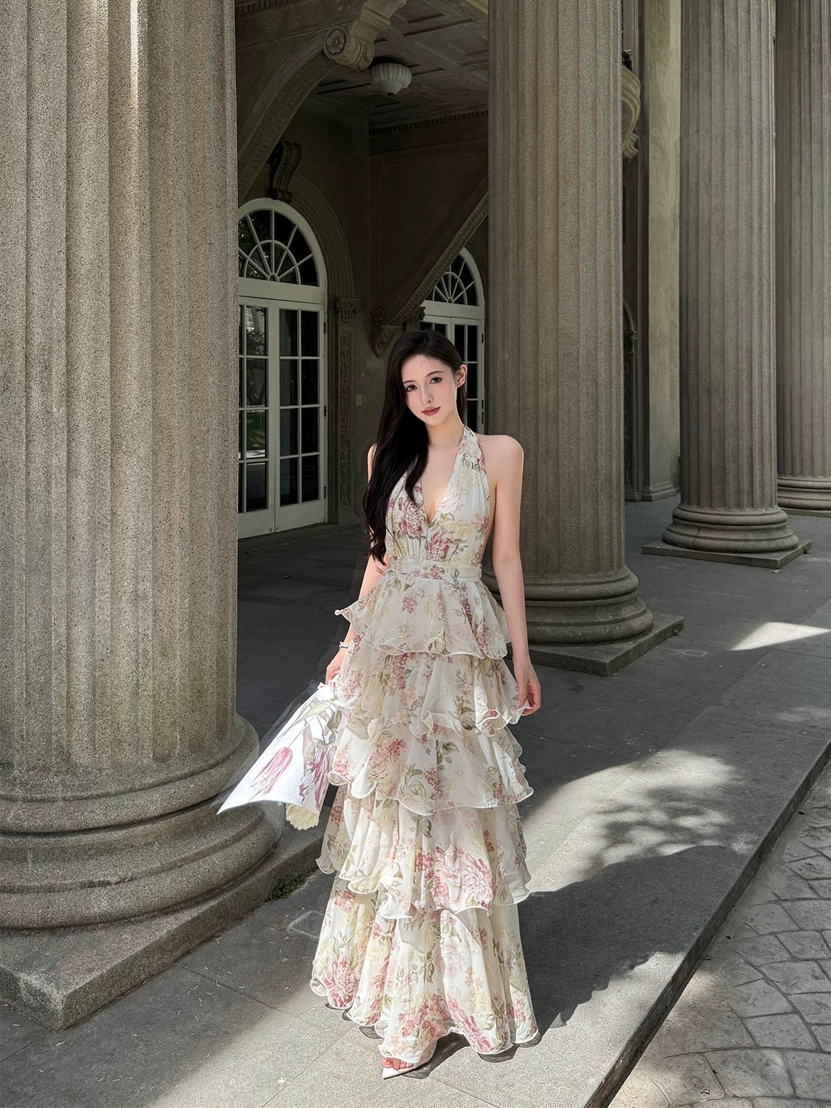 For Fay – French halter chiffon maxi dress with romantic rose garden print.