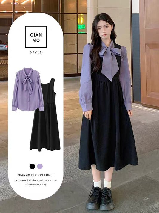 French Hepburn style black A-line suspender dress + long-sleeved ruffle shirt two-piece suit for women in autumn plus size (S0974)