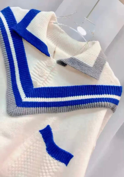 College style sweater for women 2023 autumn and winter new style loose contrasting color polo collar splicing fake two-piece sweater for outer wear trend T9398
