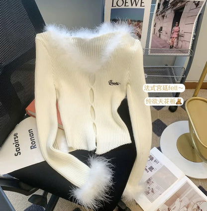 Maillard retro French fur patchwork sweater for women autumn and winter new style pure lust style slim long-sleeved sweater top