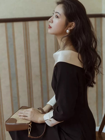 Autumn women's French design niche retro one-line collar black dress Hepburn style little black skirt dress
