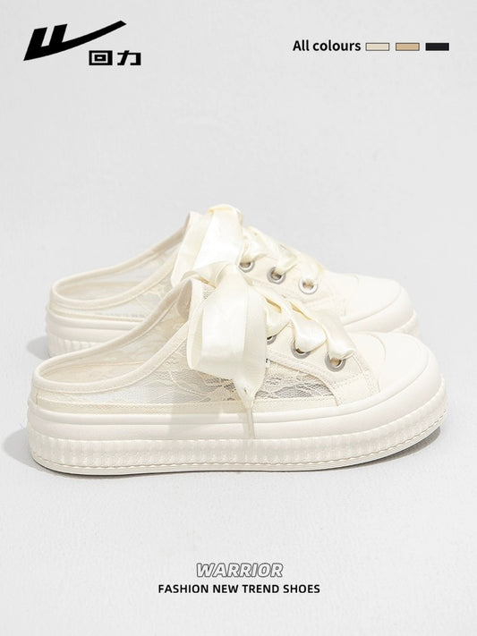 Pull back lazy one-legged Baotou half-slippers for women 2024 spring new mesh breathable canvas shoes casual sneakers