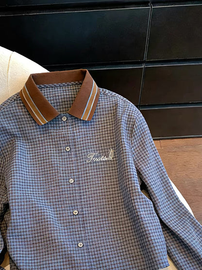 Unisex Retro Color-Block Plaid-Panel Polo-Collar Shirt – Korean-Style Casual Single-Breasted Top (Spring/Autumn)
