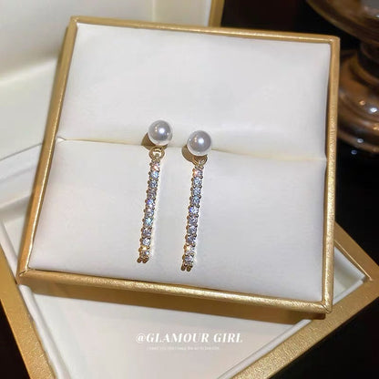 Real gold electroplated silver needle pearl micro-paved zircon earrings fashionable simple earrings temperament retro natural style earrings for women