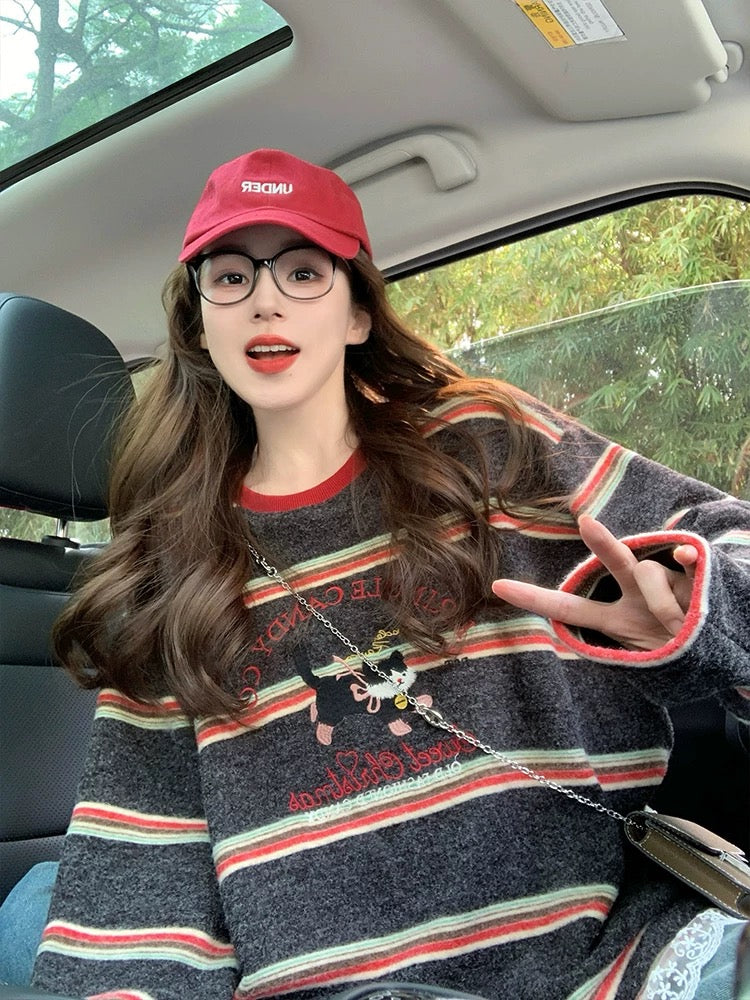 Korean striped long-sleeved T-shirt for women 2025 new spring and autumn lazy style retro age-reducing design contrast color top ins