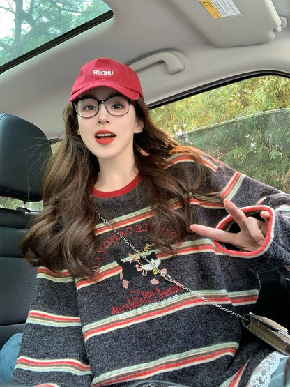 Korean striped long-sleeved T-shirt for women 2025 new spring and autumn lazy style retro age-reducing design contrast color top ins