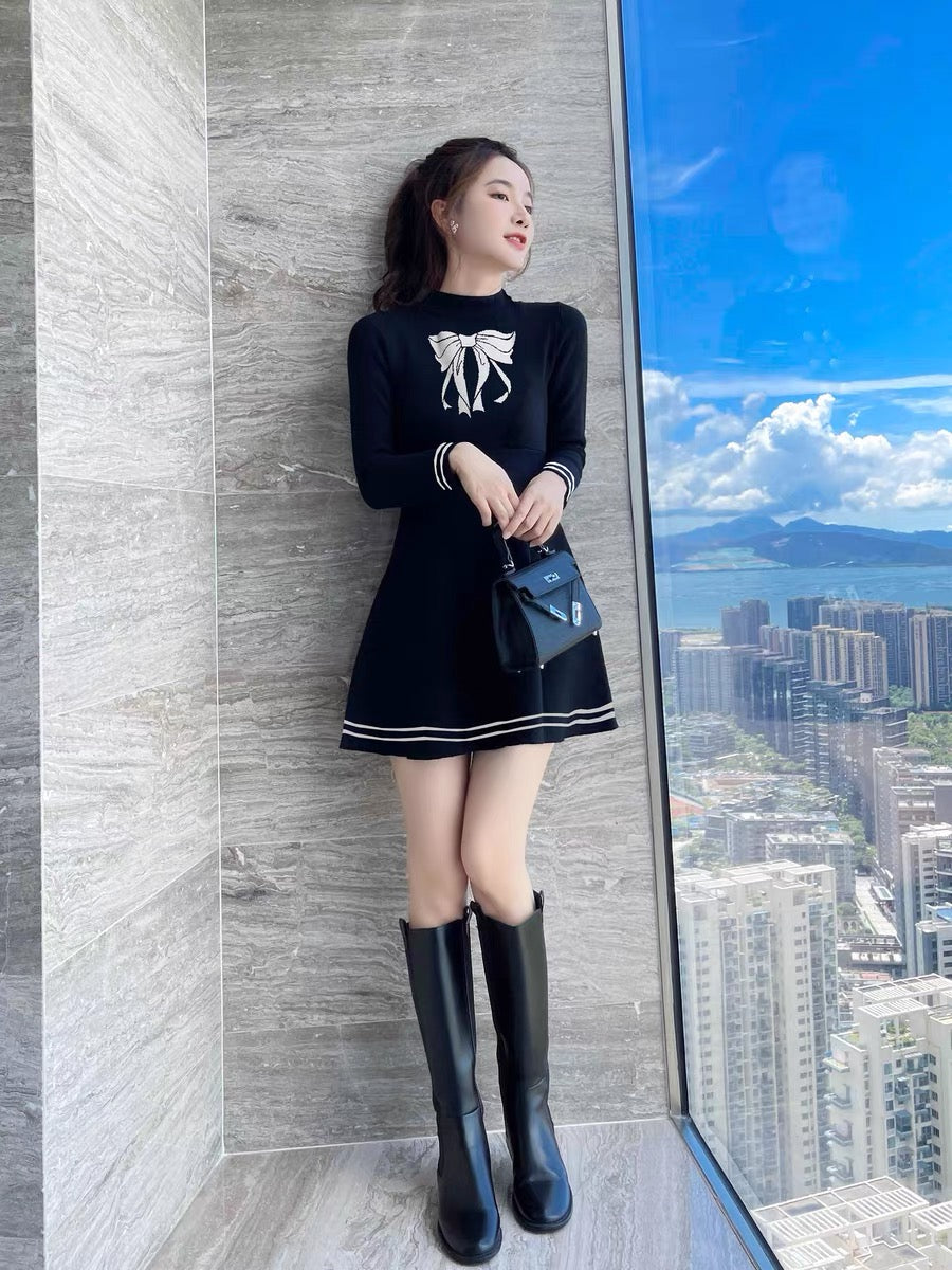 Autumn clothing 2023 new French black sweater skirt little black skirt autumn high-end knitted dress women autumn and winter T2352