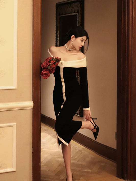 Thirteen and Little Slim Knitted Dress Women's Autumn and Winter Color Block Slit Style French One Shoulder Skirt