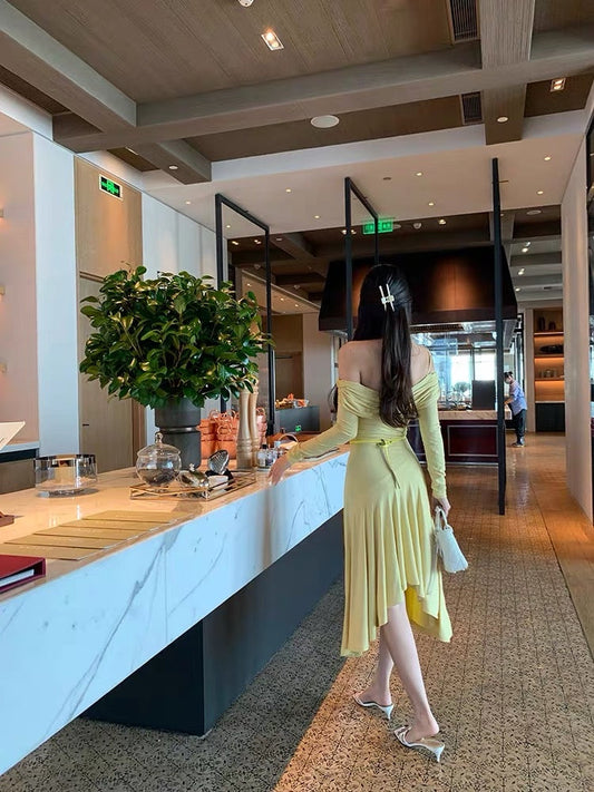 Bean paste chic/fragrance skirt/sexy one-shoulder long-sleeved waist strap dress women's new temperament long skirt (D064)