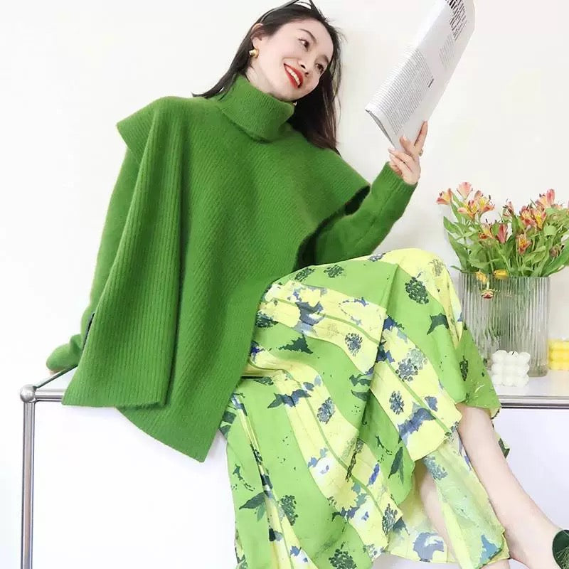 Green sweater suit skirt slightly fat and age-reducing 2023 winter new salt style light and mature two-piece set with a complete set