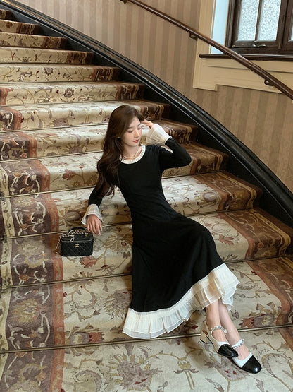 WITHMXBOOM Huihuijia slim long-sleeved dress for women in autumn and winter with a French design and elegant long skirt